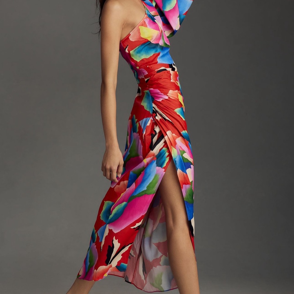 FARM RIO ONE-SHOULDER SLIM FLORAL MIDI DRESS